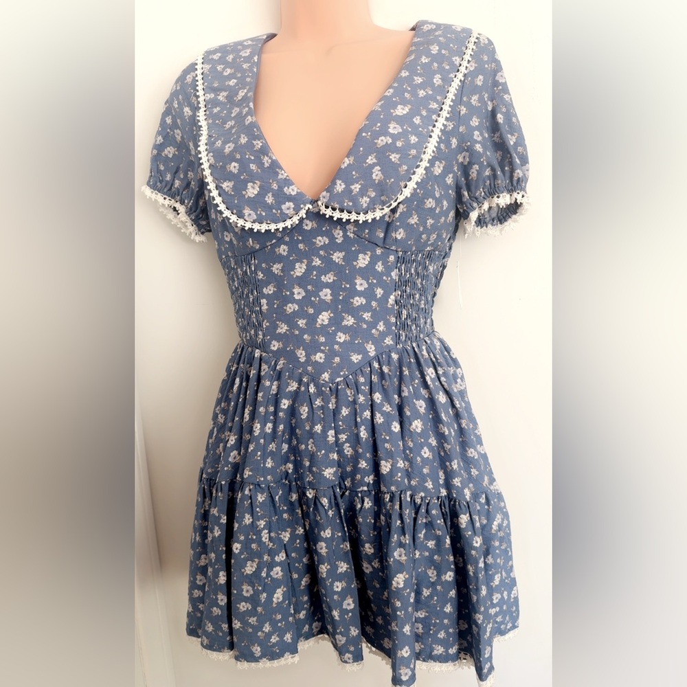 Blue Floral Puff Sleeve Mini Dress with Lace Trim